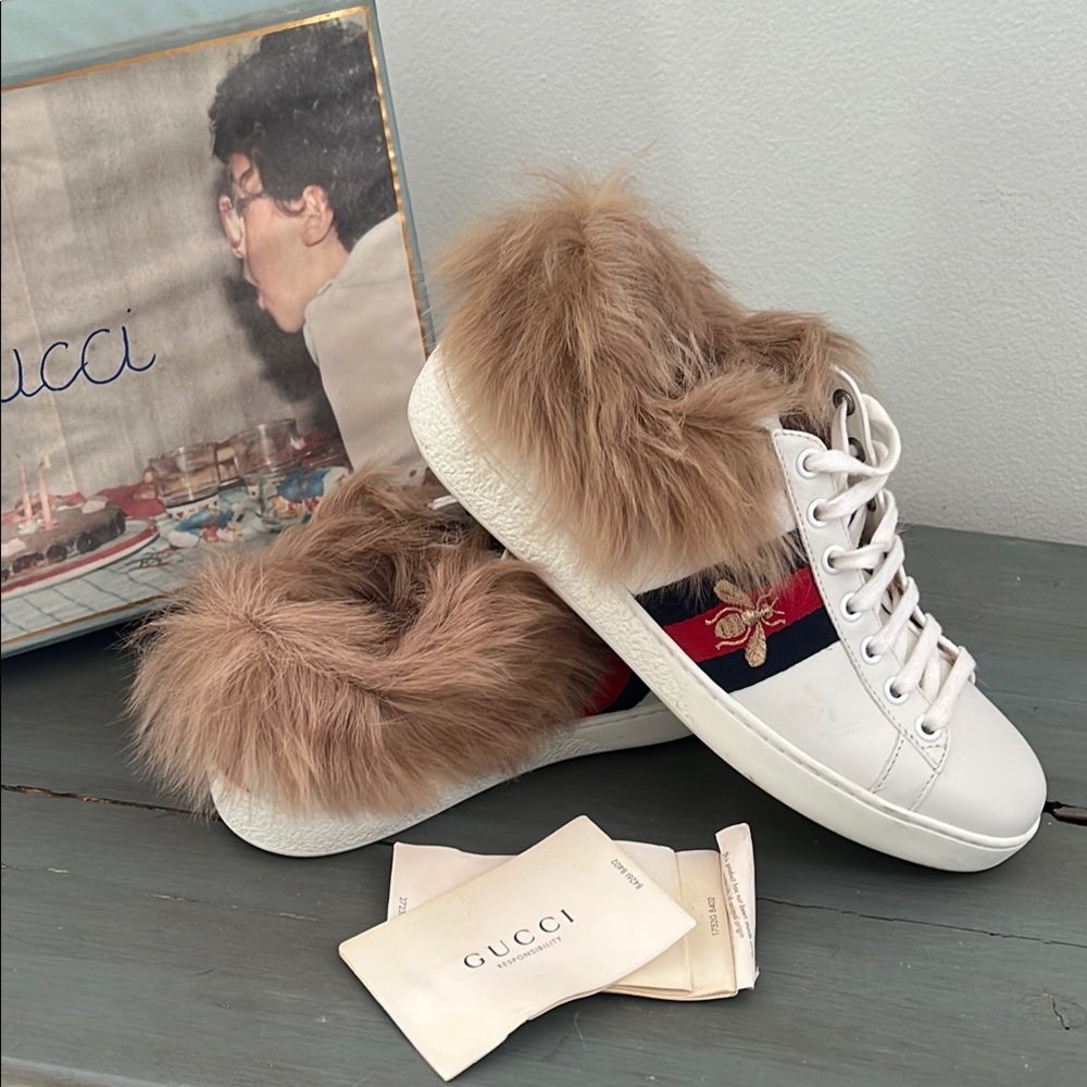 Gucci Women's White Fur-Trimmed Sneakers - Picture 1 of 4